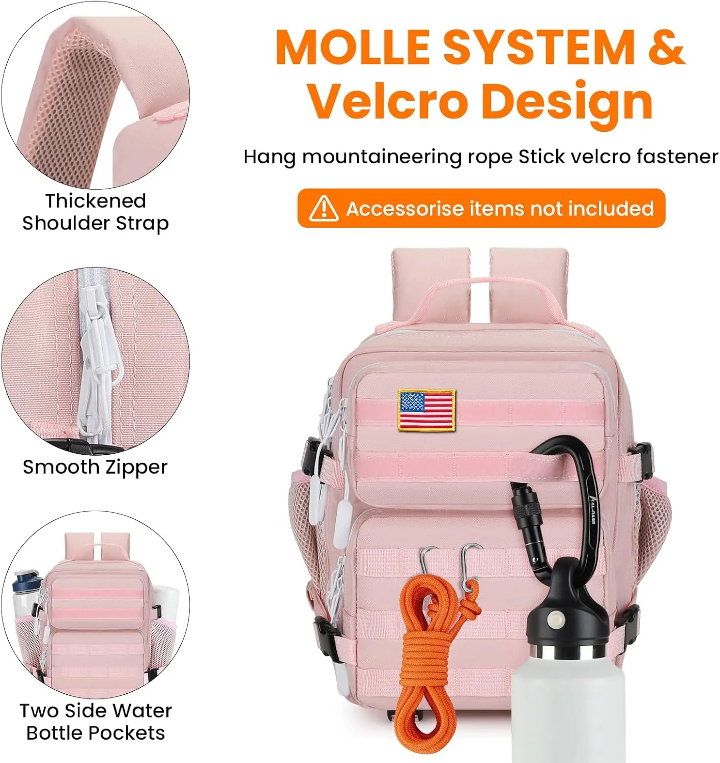 HUNTVP 9L Mini Tactical Backpack with Holster for Women - Small Military MOLLE Backpack for Sport, Hiking, Travel, Gym (Pink)