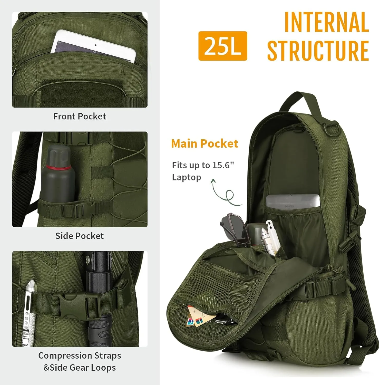 HUNTVP Tactical Backpack Outdoor MOLLE Military Hunting Rucksack Gear Assault Travel Daily 25L Pack Bag for Working, Camping (Army Green)