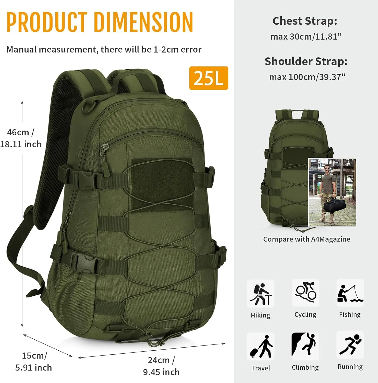 HUNTVP Tactical Backpack Outdoor MOLLE Military Hunting Rucksack Gear Assault Travel Daily 25L Pack Bag for Working, Camping (Army Green)