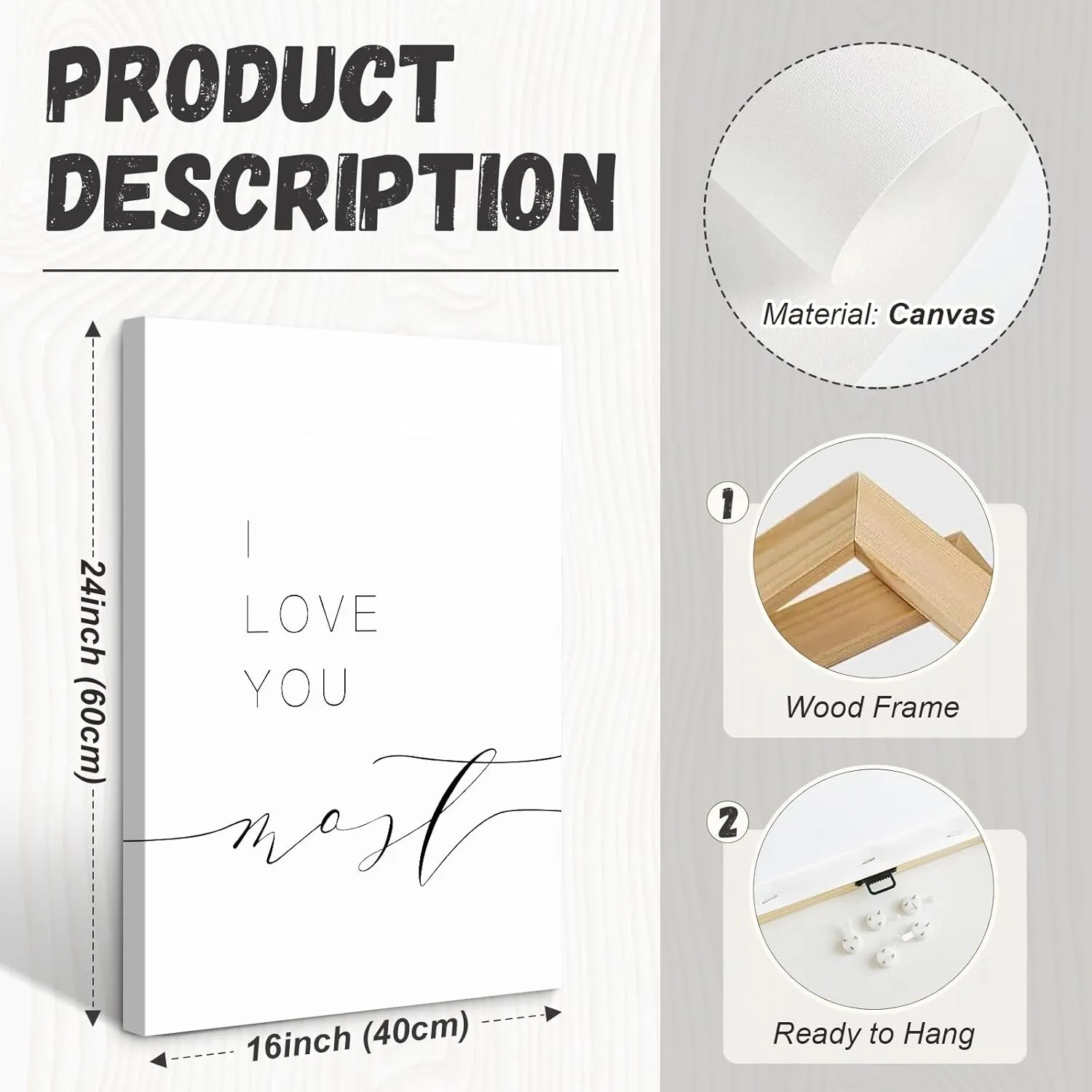 I Love You More I Love You Most Wall Decor Loving Quotes Canvas Wall Art Above Bedroom Prints for Couples Minimalist Pictures Romantic Poster Bedroom Artwork Painting 16x24x2 Inch Wrapped Canvas