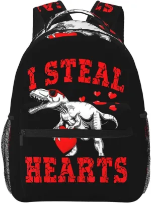I Steal Heart Dinosaur Sunglasses Rex Valentine'S Day Backpack Casual Pack Bag Laptop Backpack With Side Pocket Front Zipper Pocket Bookpack Travel Daypack Picnic Rucksack