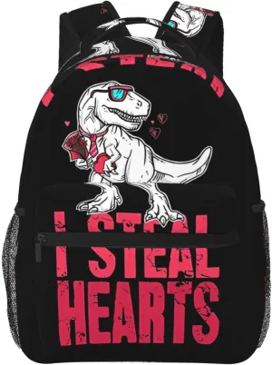 I Steal Hearts Dinosaur 4 Backpack Casual Pack Bag Laptop Backpack With Side Pocket Front Zipper Pocket Bookpack Travel Daypack Picnic Rucksack