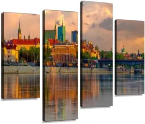IGOONE 4 Panels Canvas Paintings - Panorama of The Old Town in Warsaw in Poland - Wall Art Modern Posters Framed Ready to Hang for Home Wall Decor Multicolor7