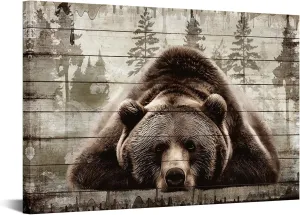 iKNOW FOTO Brown Wall Art Painting Grizzly Bear Prints On Canvas Vintage Forest Wildlife Animal Pictures Wall Art for Home Cabin Decoration Rustic Farmhouse Decor 16x24 Inches