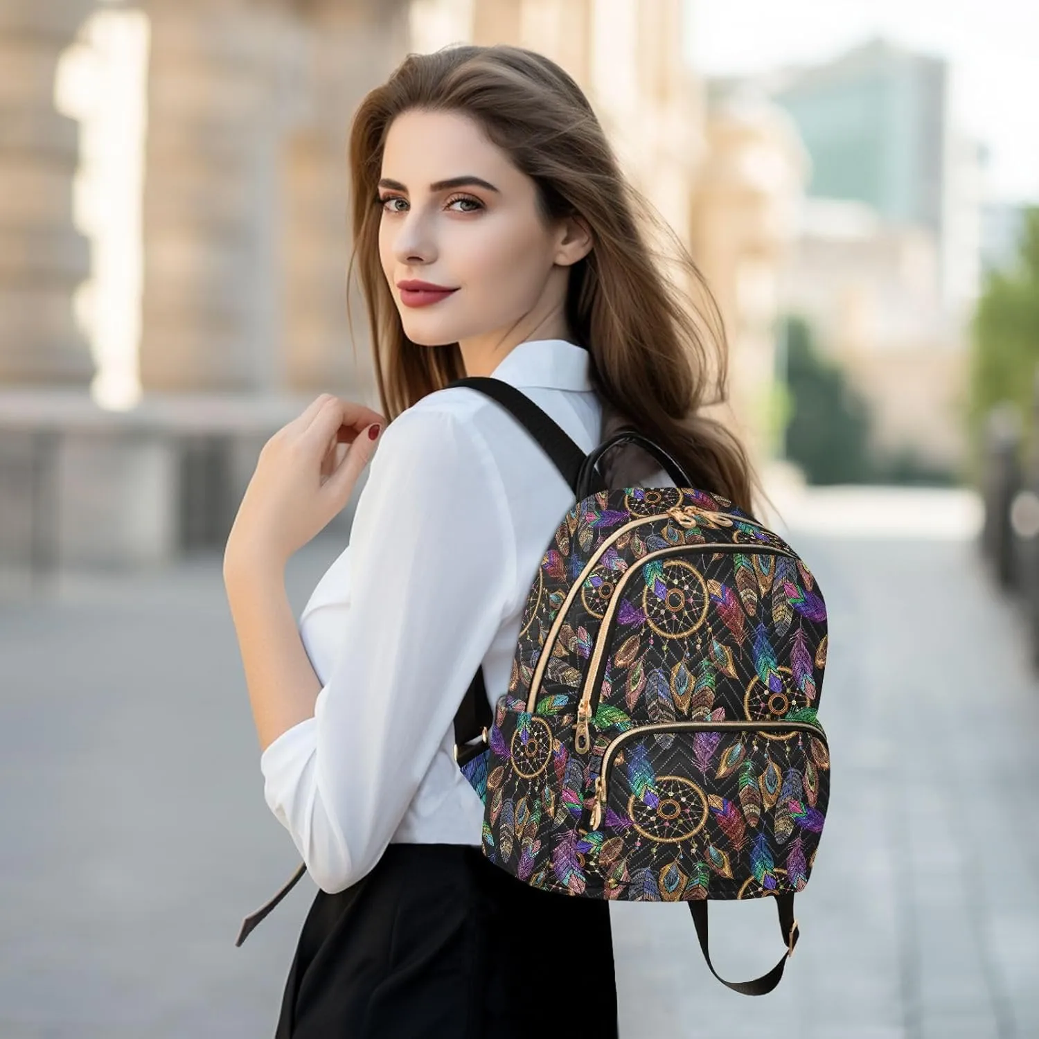 Indian Dreamcatcher Mandala Feather Mini Backpack Fashion Backpack Purse for Women,Handbag Shoulder Bag Casual Daypack, Ladies Gift for College Work （M）