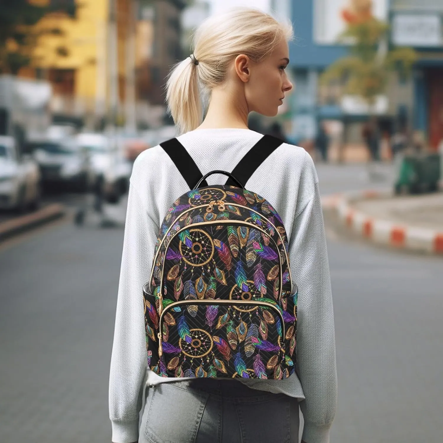 Indian Dreamcatcher Mandala Feather Mini Backpack Fashion Backpack Purse for Women,Handbag Shoulder Bag Casual Daypack, Ladies Gift for College Work （M）