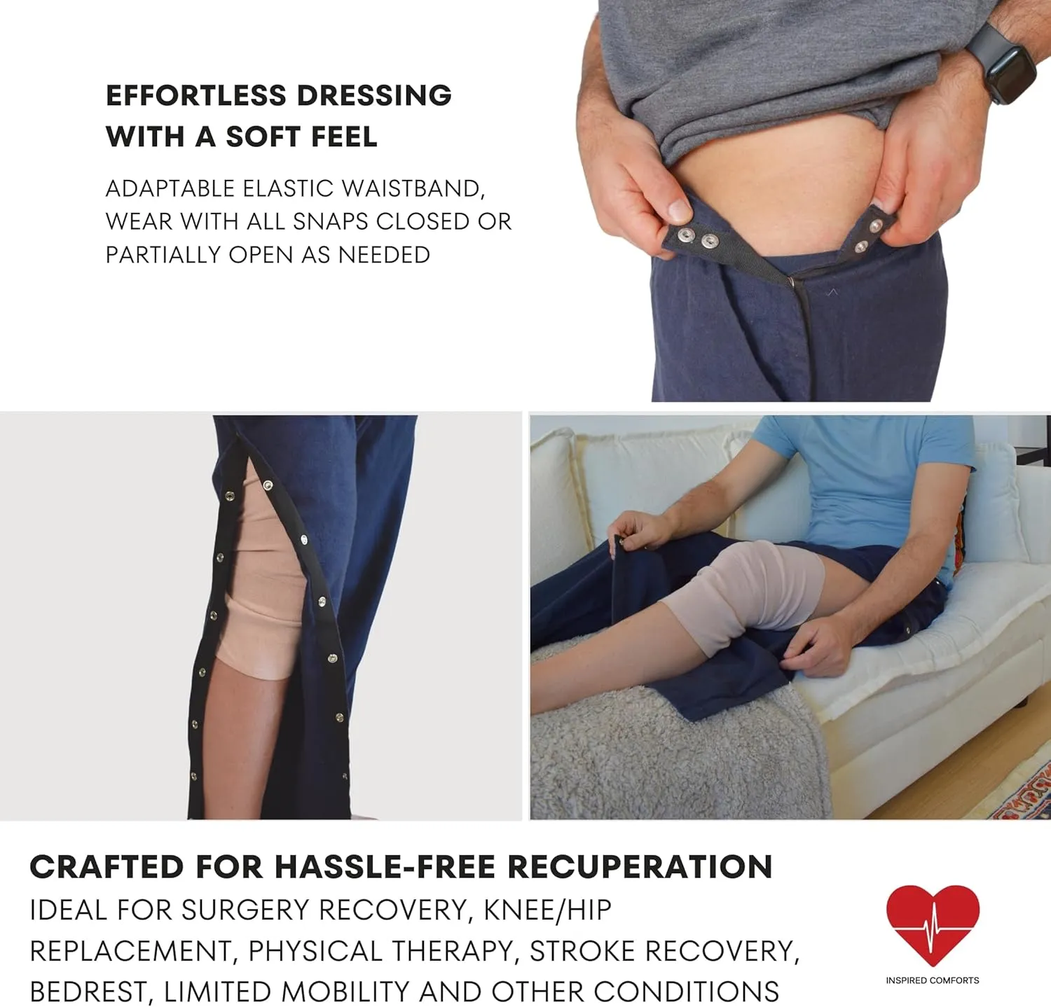 Inspired Comforts Unisex Tearaway Post Surgery Recovery Pajama Pants with Side Snaps & Pockets
