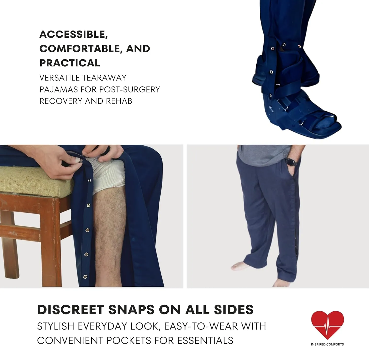 Inspired Comforts Unisex Tearaway Post Surgery Recovery Pajama Pants with Side Snaps & Pockets