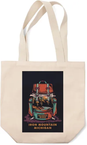 Iron Mountain, Michigan, Wander More Collection, Backpack, Distressed Vector (100% Cotton Canvas Reusable Tote Bag)