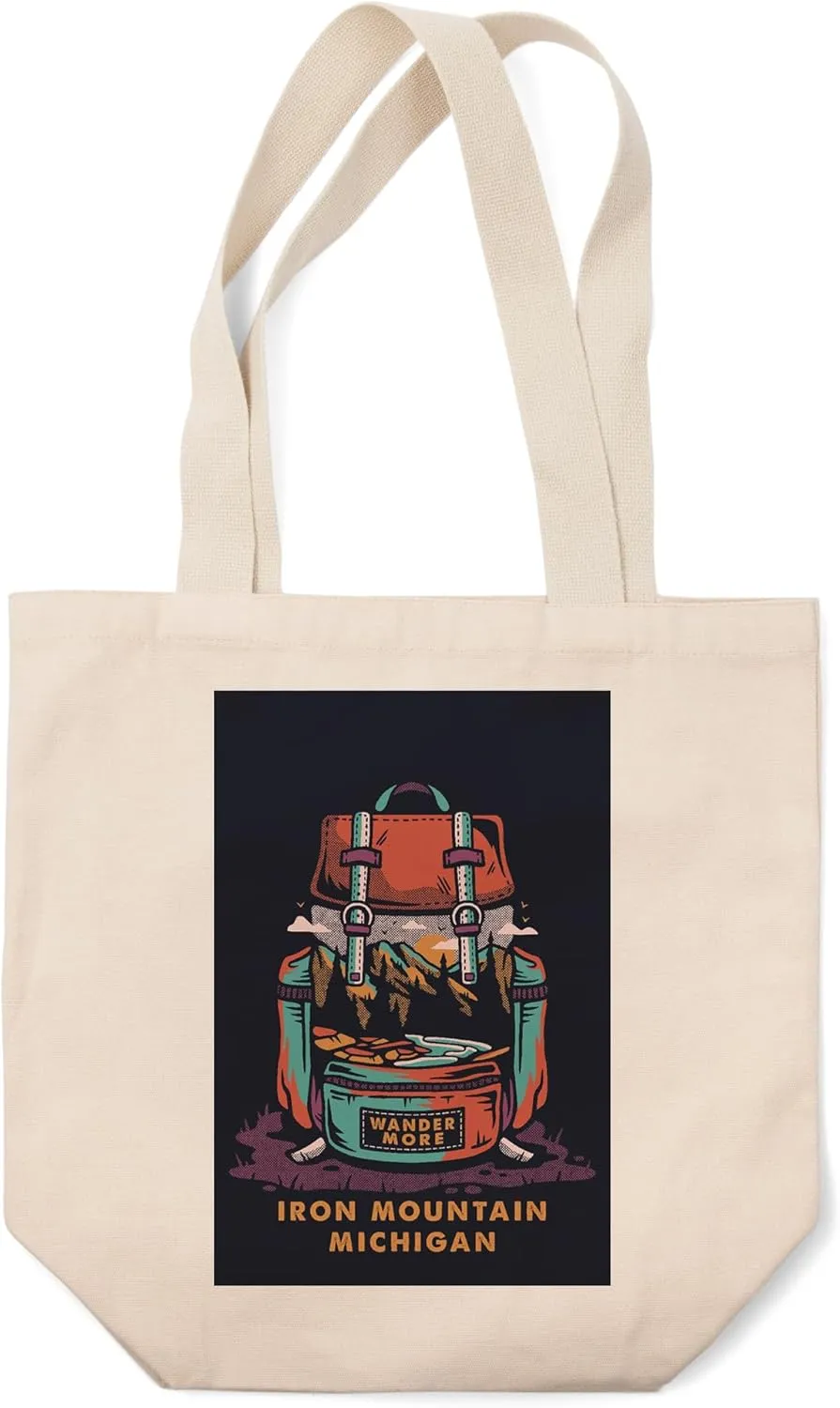 Iron Mountain, Michigan, Wander More Collection, Backpack, Distressed Vector (100% Cotton Canvas Reusable Tote Bag)
