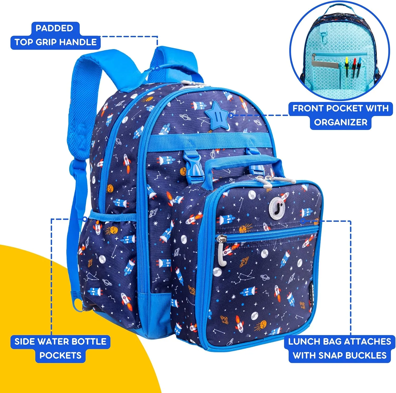 J World New York Unisex Kid's Backpack with Lunch Bag Set, Spaceship, One Size