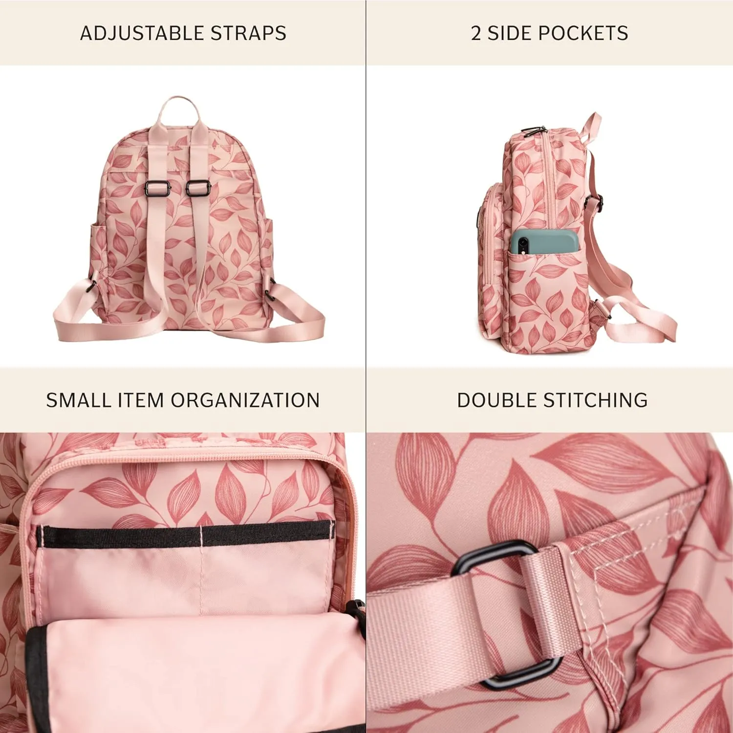 Jadyn Mini Backpack for Women, Small Backpack Purse for Women, Mini Travel Bag, 8.5 Liter Daypack, Millie Backpack with Cute Designs (Blush Leaflet)