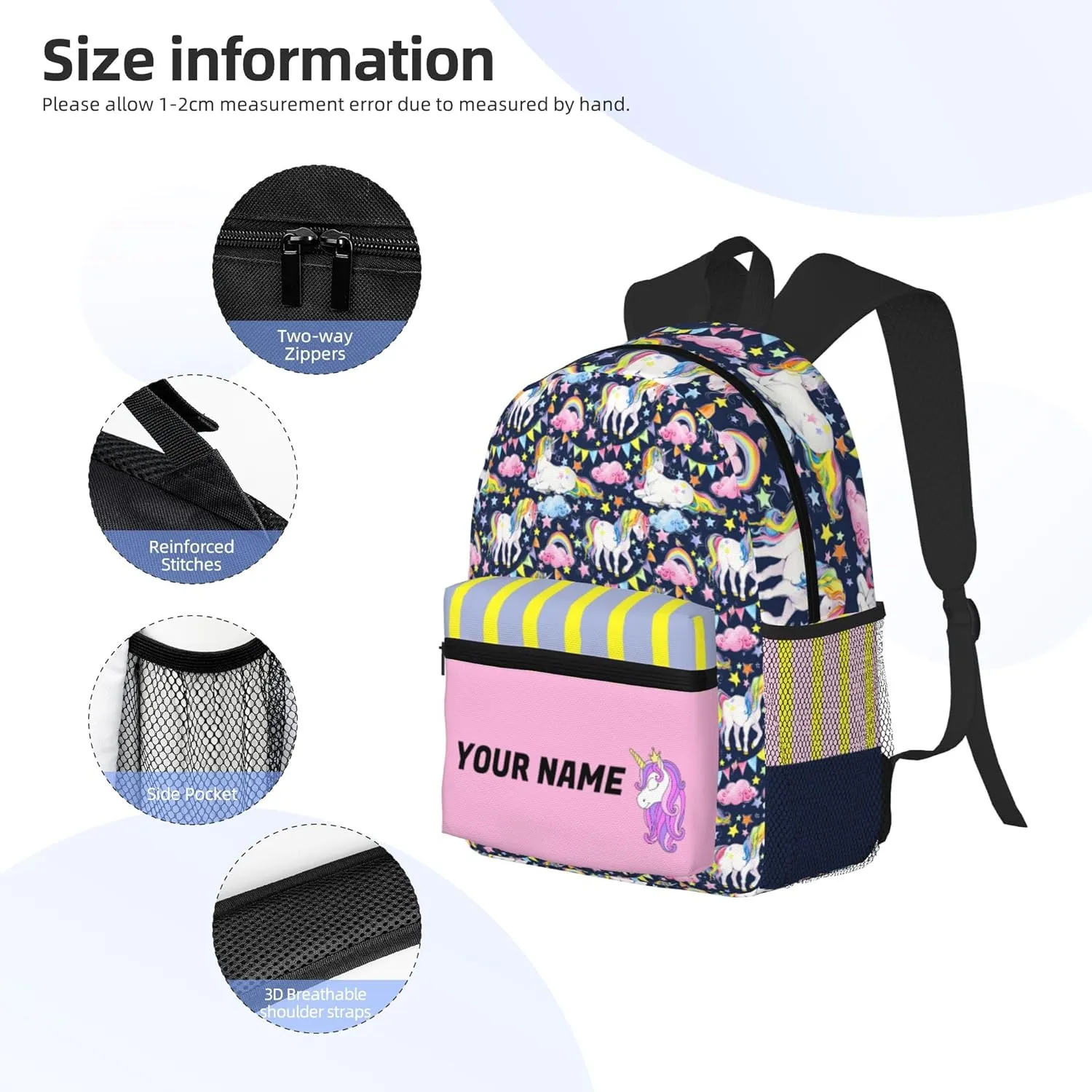 J&SBGFT Custom Backpack for Boys & Girls, Personalized Toddler Backpack with Name, Unicorn Print Kid School Bookbag 15in