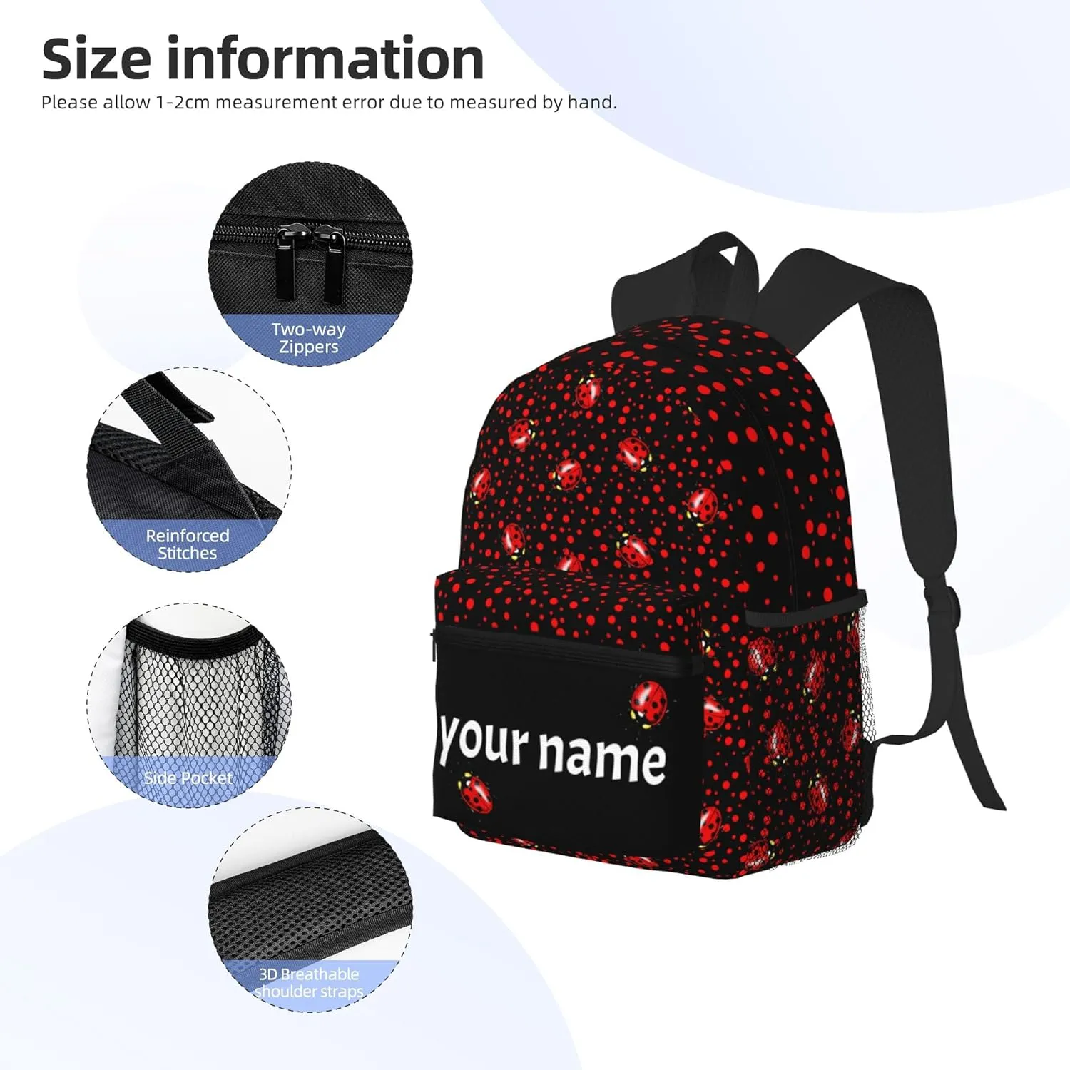 J&SBGFT Custom Backpack for Boys Girls,Personalized Toddler Backpack with Name,Customization Ladybug Print Kid School Backpack Cute Bookbag 15in