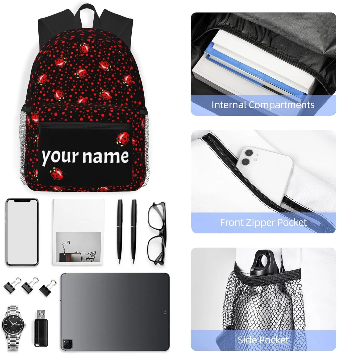 J&SBGFT Custom Backpack for Boys Girls,Personalized Toddler Backpack with Name,Customization Ladybug Print Kid School Backpack Cute Bookbag 15in