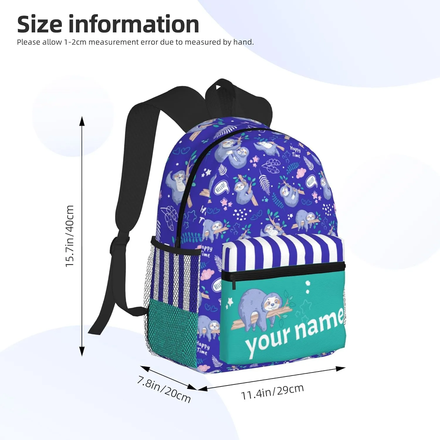 J&SBGFT Custom Backpack for Boys Girls,Personalized Toddler Backpack with Name,Customization Sloth Print Kid School Backpack Cute Bookbag 15in