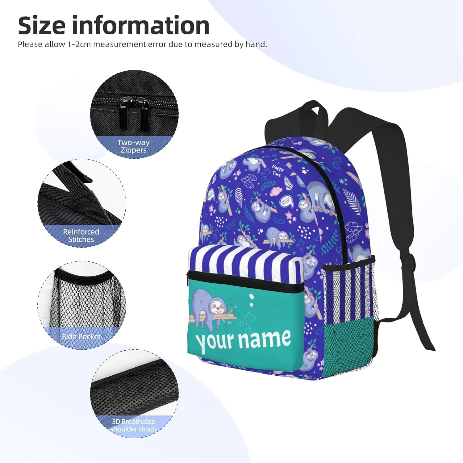 J&SBGFT Custom Backpack for Boys Girls,Personalized Toddler Backpack with Name,Customization Sloth Print Kid School Backpack Cute Bookbag 15in