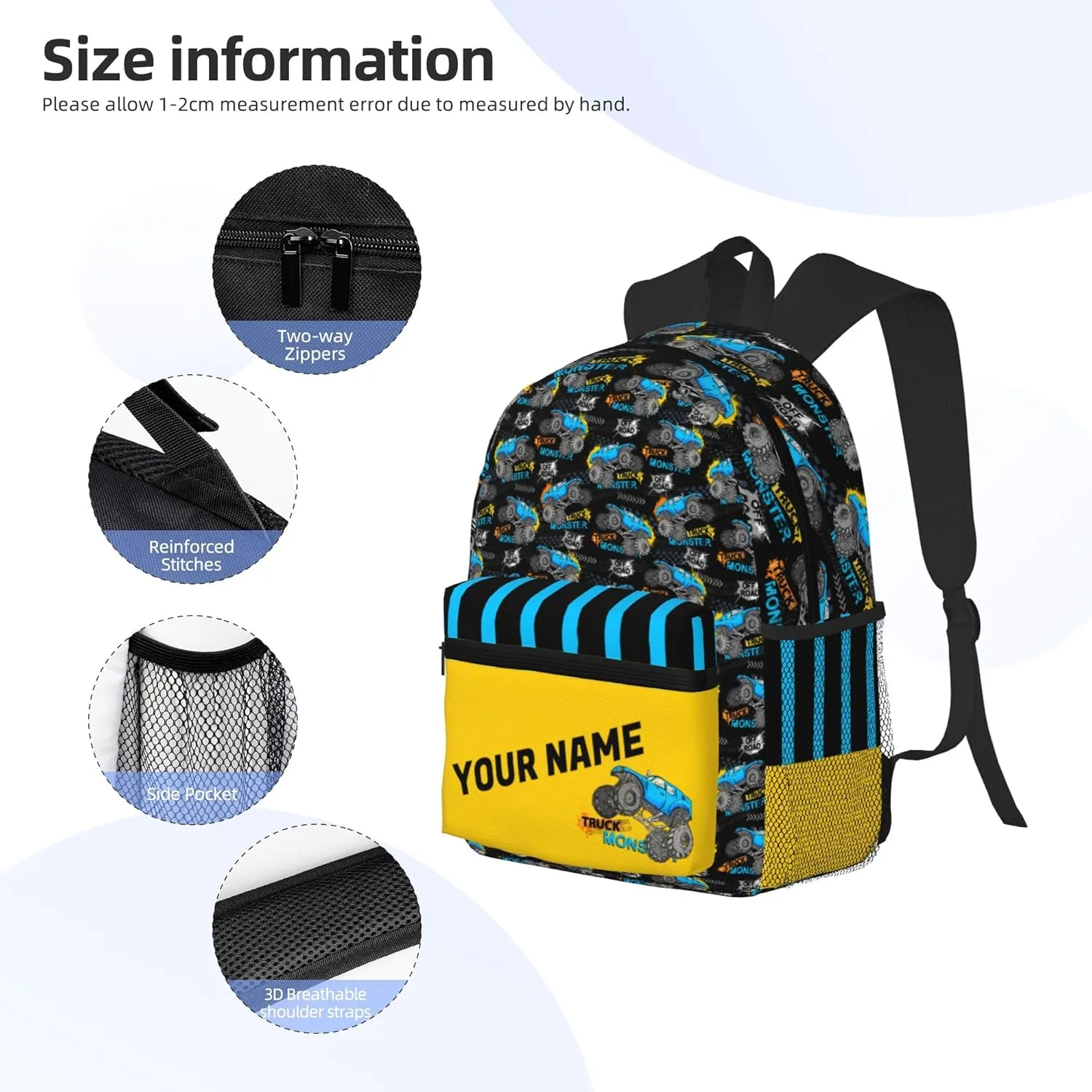 J&SBGFT Custom Backpack for Boys Girls,Personalized Toddler Backpack with Name,Customization Truck Print Kid School Backpack Cute Bookbag 15in