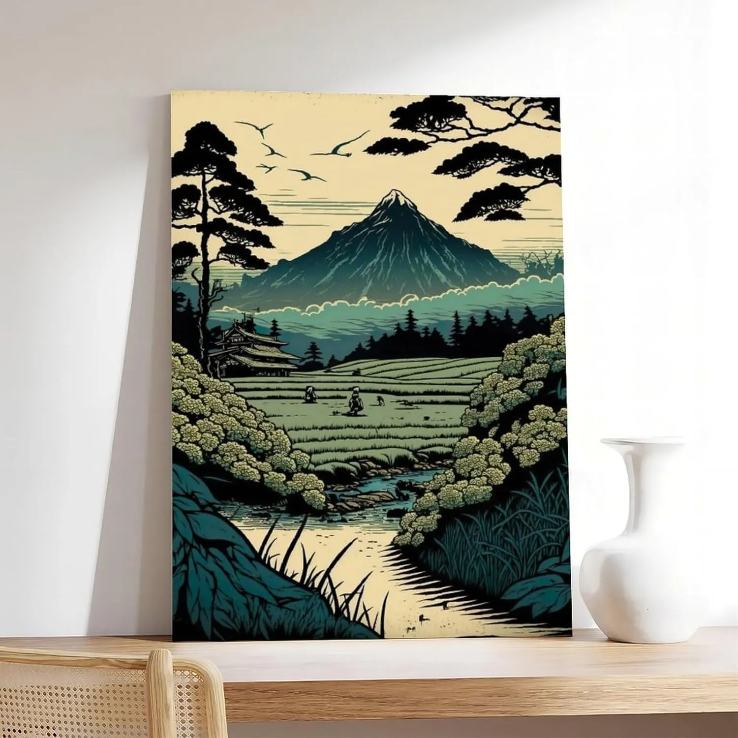Japanese Rice Field Mural with Asian Architecture And Rural Scenery - Japanese Scenic Spots Canvas Poster Wall Art Decor Print Picture Paintings for Living Room Bedroom Decoration Unframe: Unfram