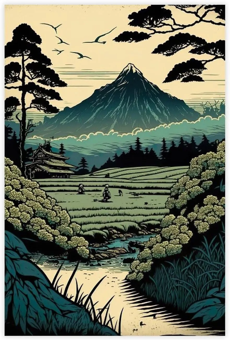 Japanese Rice Field Mural with Asian Architecture And Rural Scenery - Japanese Scenic Spots Canvas Poster Wall Art Decor Print Picture Paintings for Living Room Bedroom Decoration Unframe: Unfram