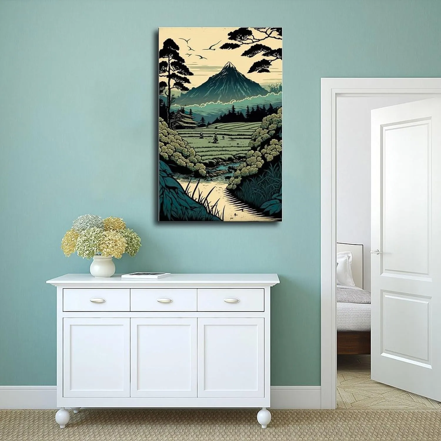 Japanese Rice Field Mural with Asian Architecture And Rural Scenery - Japanese Scenic Spots Canvas Poster Wall Art Decor Print Picture Paintings for Living Room Bedroom Decoration Unframe: Unfram