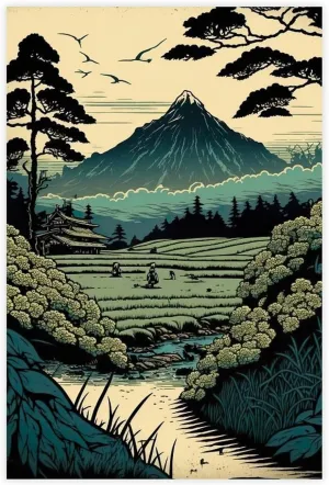 Japanese Rice Field Mural with Asian Architecture And Rural Scenery - Japanese Scenic Spots Canvas Poster Wall Art Decor Print Picture Paintings for Living Room Bedroom Decoration Unframe: Unfram