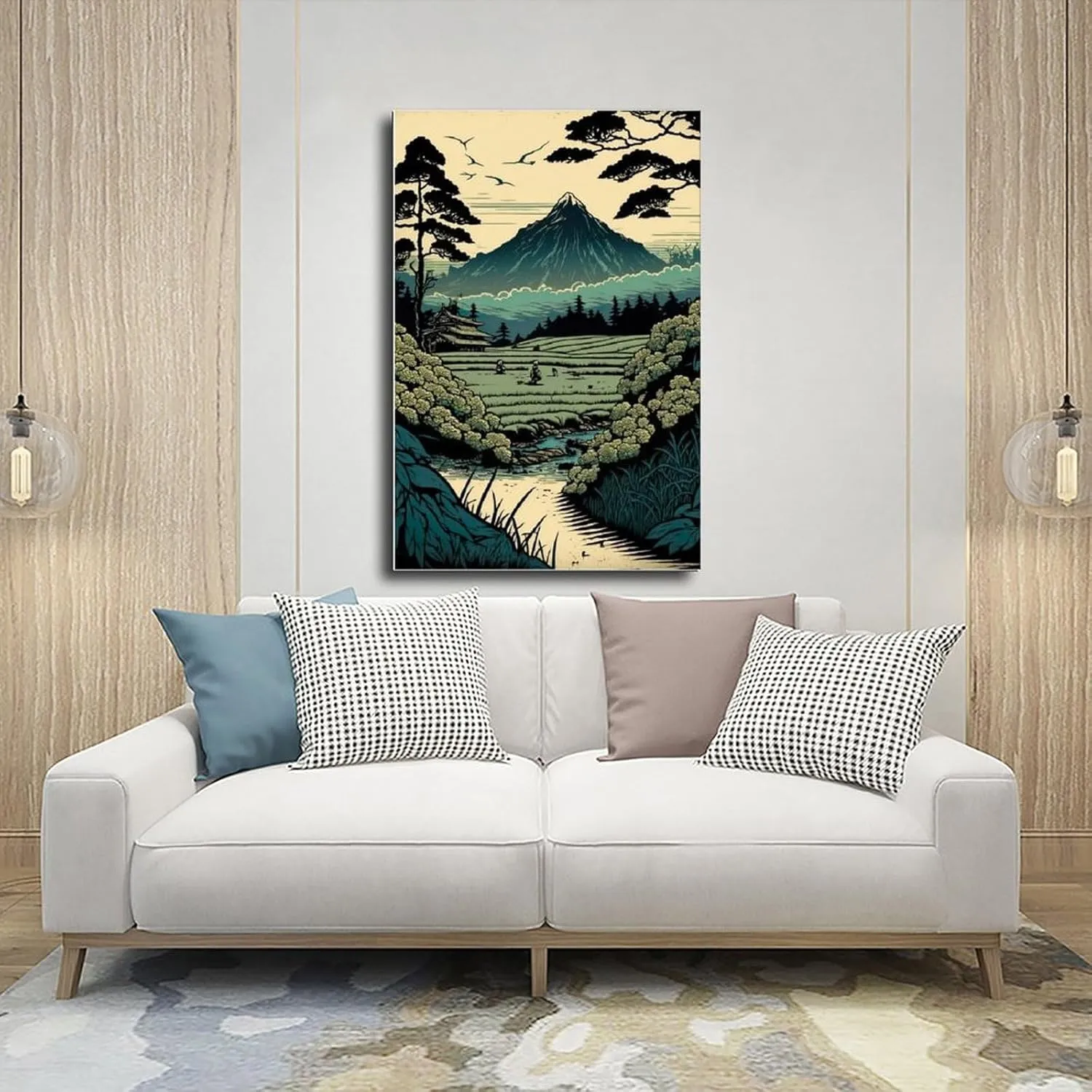 Japanese Rice Field Mural with Asian Architecture And Rural Scenery - Japanese Scenic Spots Canvas Poster Wall Art Decor Print Picture Paintings for Living Room Bedroom Decoration Unframe: Unfram