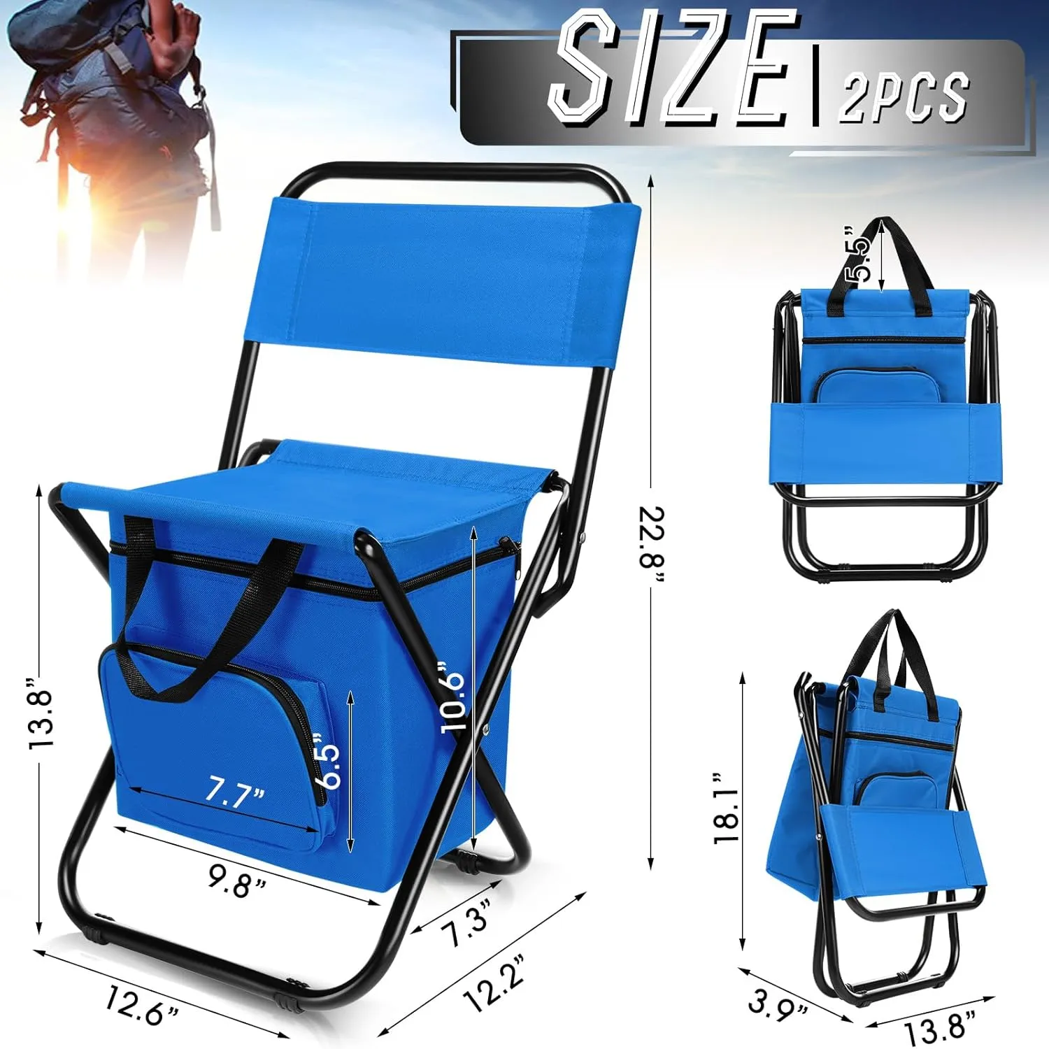 Jerify 2 Pcs Fishing Chair with Cooler Bag Multi-Function Foldable Compact Fishing Stool Hunting Chair Portable Backrest Stool with Folding Backpack for Finishing Camping Hunting Travel(Blue)