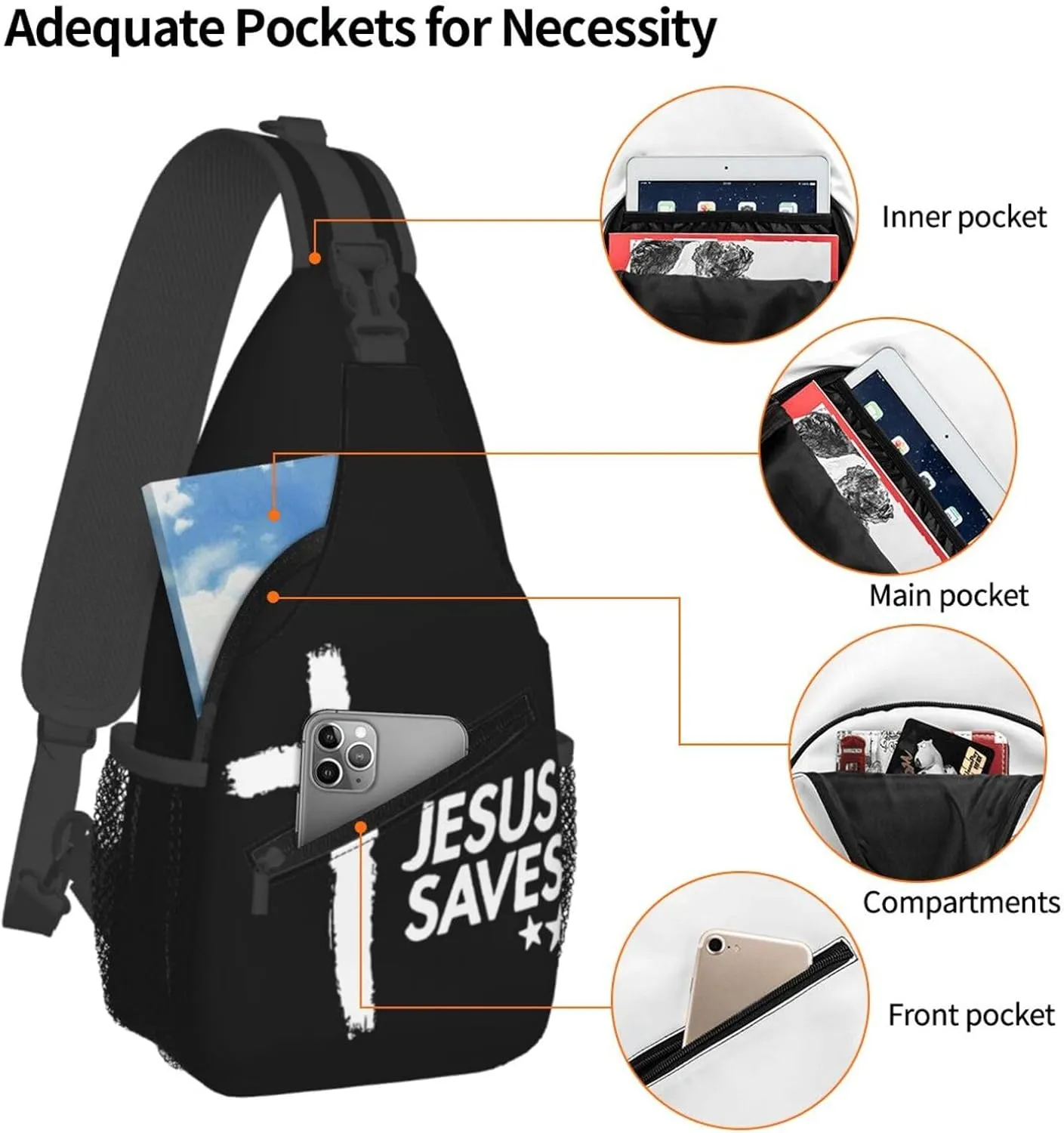 Jesus Cross Backpack for Travel Sport Running Chest Daypack Shoulder Sling Bag for Cycling Walking