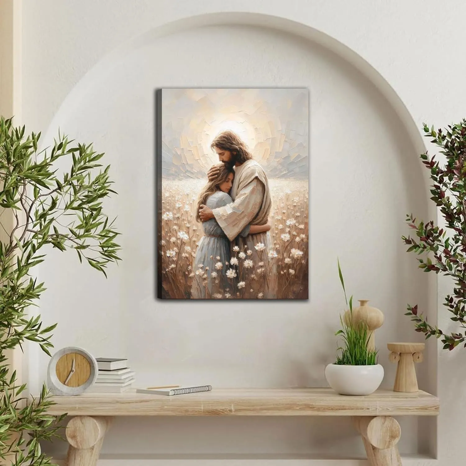 Jesus Hugs Woman Canvas Wall Art Jesus and Girl Wall Decor Pictures Christian Healing Embrace Floral Field Posters Prints for Hallway Bathroom Living Room Kitchen Home Decoration (12inx16in canvas)