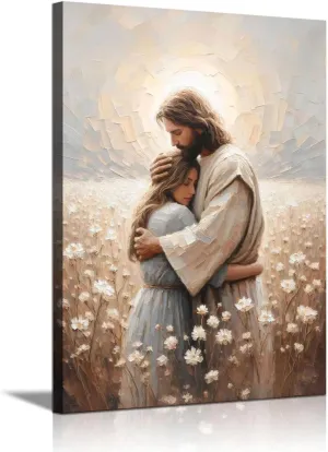 Jesus Hugs Woman Canvas Wall Art Jesus and Girl Wall Decor Pictures Christian Healing Embrace Floral Field Posters Prints for Hallway Bathroom Living Room Kitchen Home Decoration (12inx16in canvas)