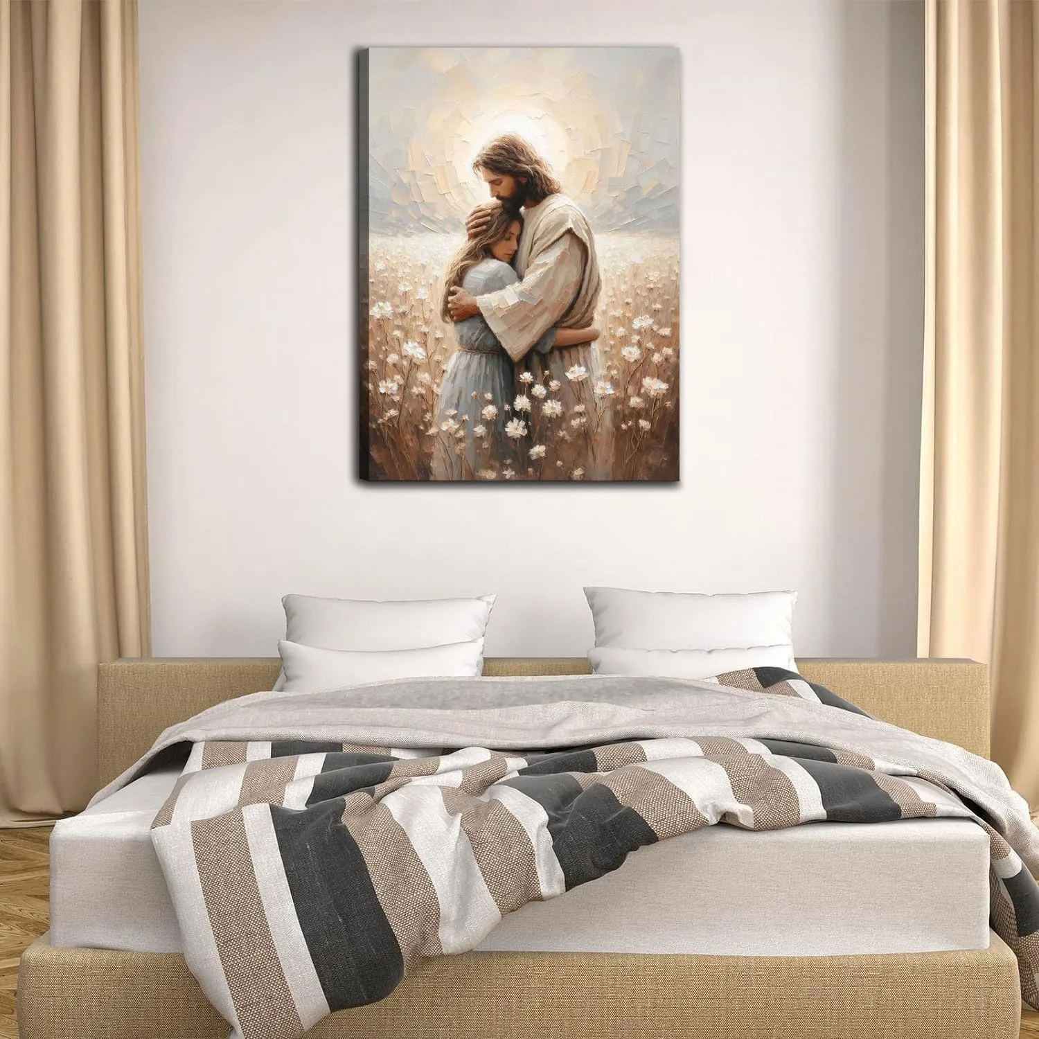 Jesus Hugs Woman Canvas Wall Art Jesus and Girl Wall Decor Pictures Christian Healing Embrace Floral Field Posters Prints for Hallway Bathroom Living Room Kitchen Home Decoration (12inx16in canvas)