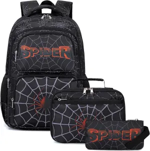 JIANYA Backpack for School Boys, 3pcs Spider Backpack with Lunch Box Pencil Case, Black