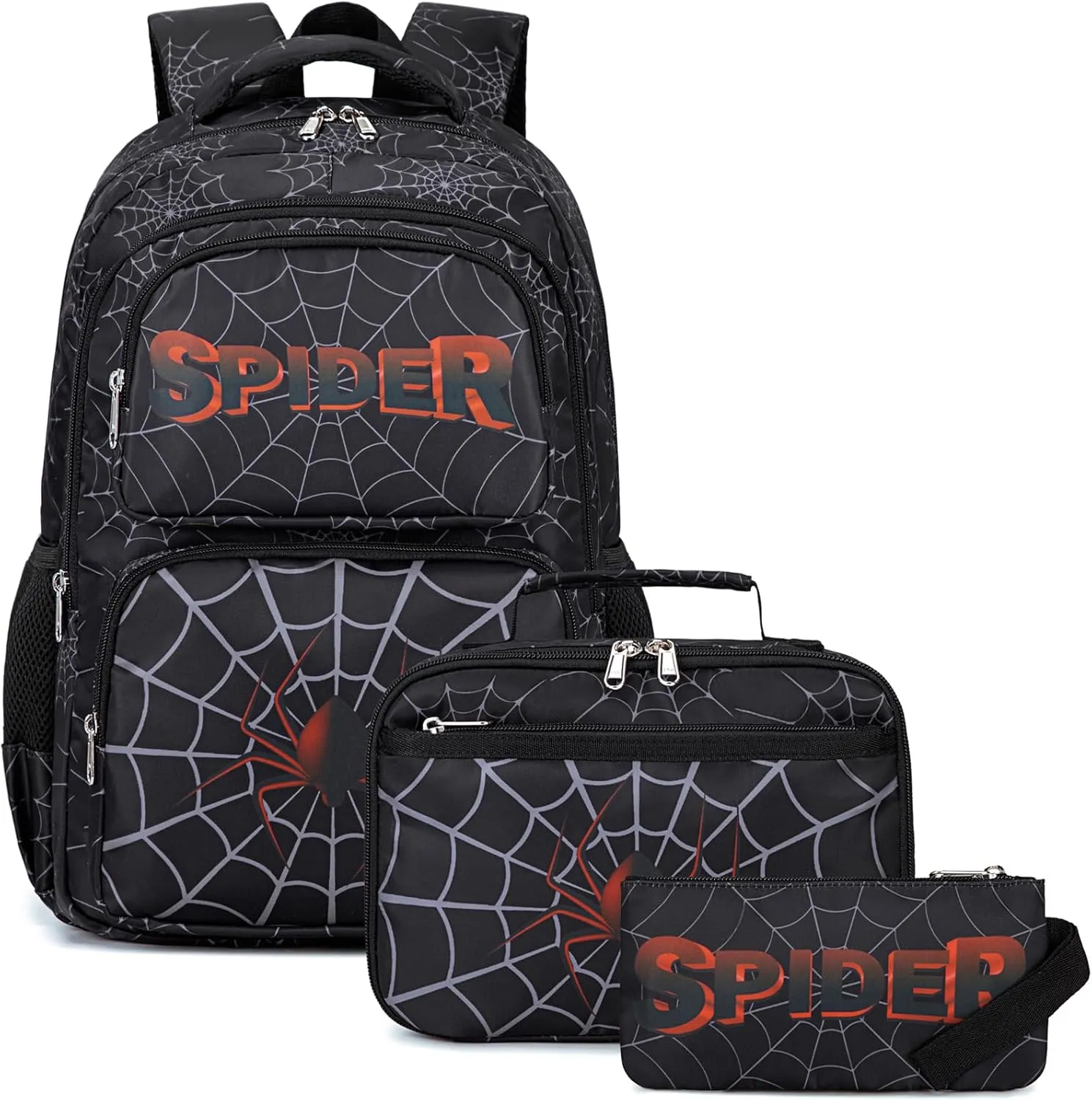 JIANYA Backpack for School Boys, 3pcs Spider Backpack with Lunch Box Pencil Case, Black