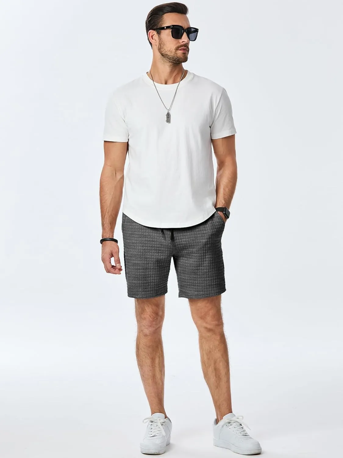 JMIERR Mens Sweat Shorts Casual Stretch Elastic Waist Waffle Workout Gym Short 7 inch Inseam Running Short with Pocket
