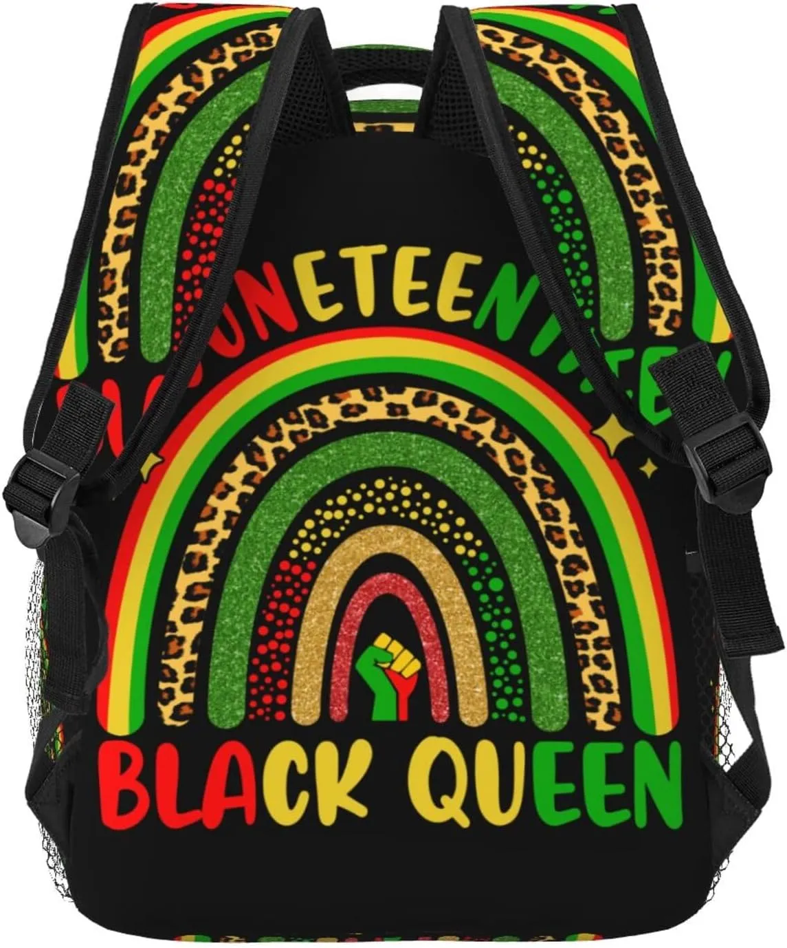Juneteenth Black Queen Victory Fist Rainbow Leopard Backpack Lightweight Laptop Backpack Casual Daypack Travel Double Shoulder Bag For Women Men