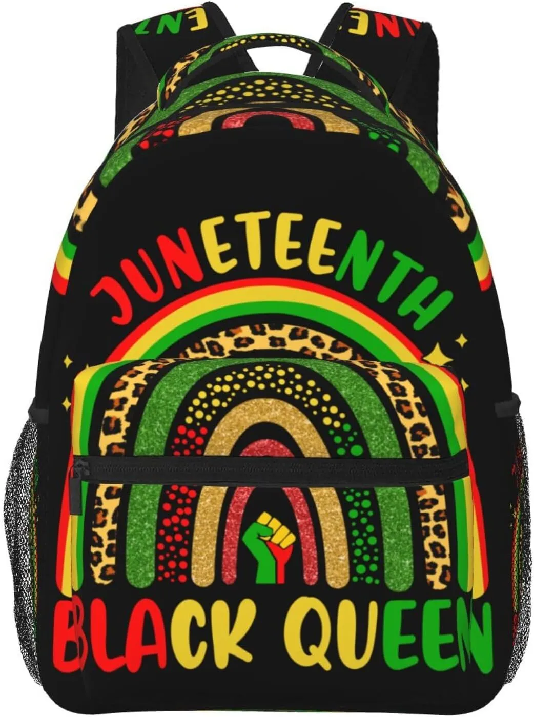 Juneteenth Black Queen Victory Fist Rainbow Leopard Backpack Lightweight Laptop Backpack Casual Daypack Travel Double Shoulder Bag For Women Men