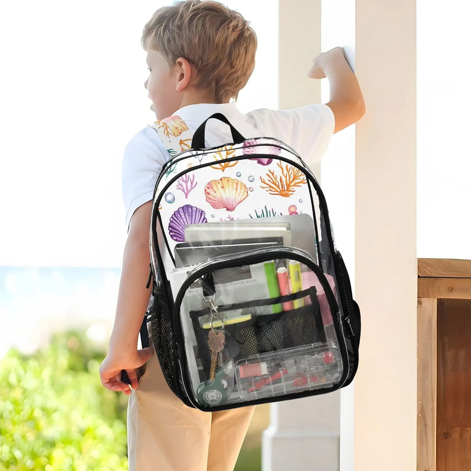 JUNZAN Cute Scallop White Girls Kids Backpack Transparent Student Book Bags Amusement Park
