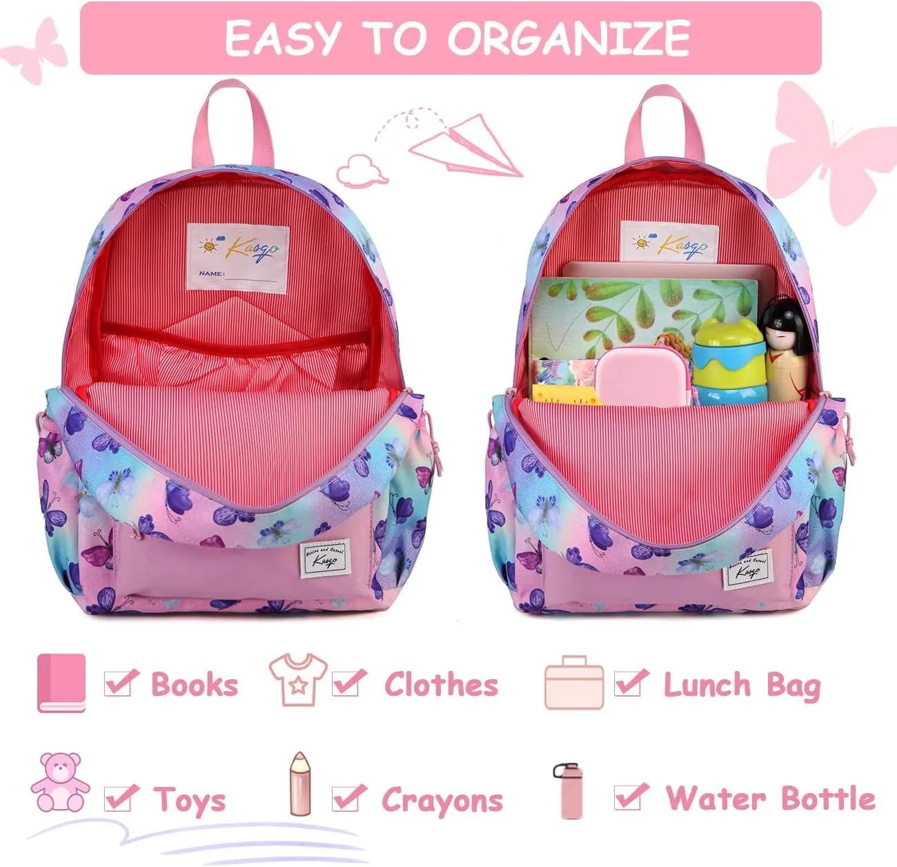 Kasqo Kids Backpack, Water Resistant Lightweight Preschool Toddler Bookbag with Chest Strap for Boys and Girls