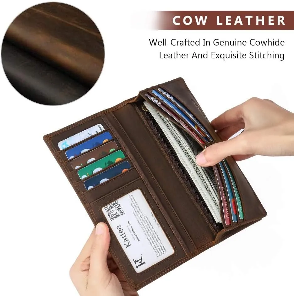 Kattee Men's Vintage Genuine Leather Long Wallet for Checkbook Credit Cards