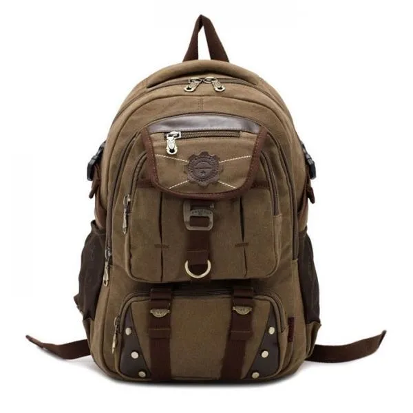 KAUKKO Rivet Zipper Outdoor Travel Canvas Backpack Dark Khaki
