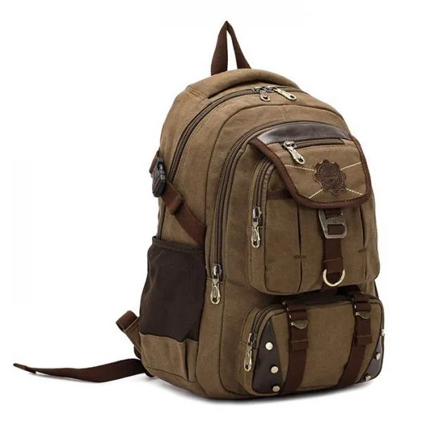 KAUKKO Rivet Zipper Outdoor Travel Canvas Backpack Dark Khaki