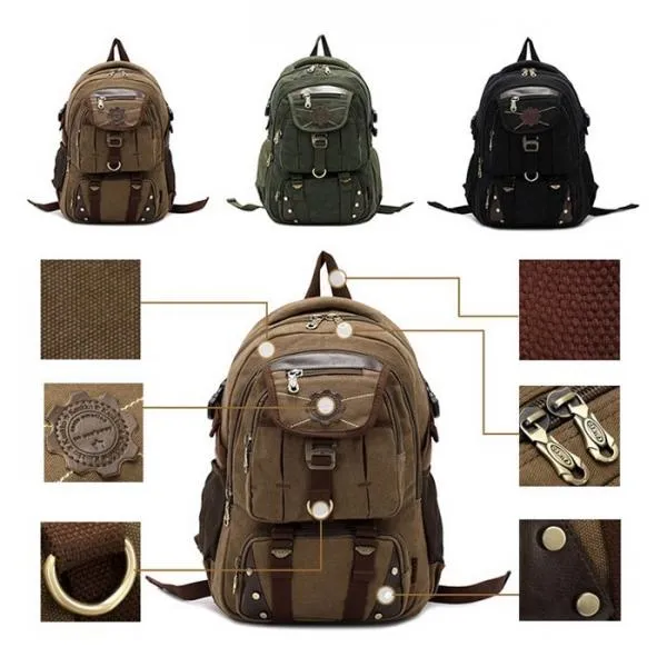 KAUKKO Rivet Zipper Outdoor Travel Canvas Backpack Dark Khaki