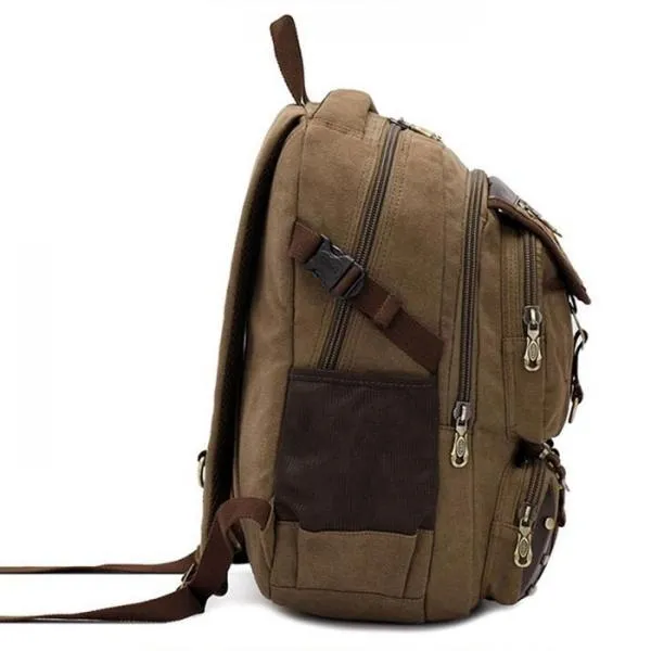 KAUKKO Rivet Zipper Outdoor Travel Canvas Backpack Dark Khaki