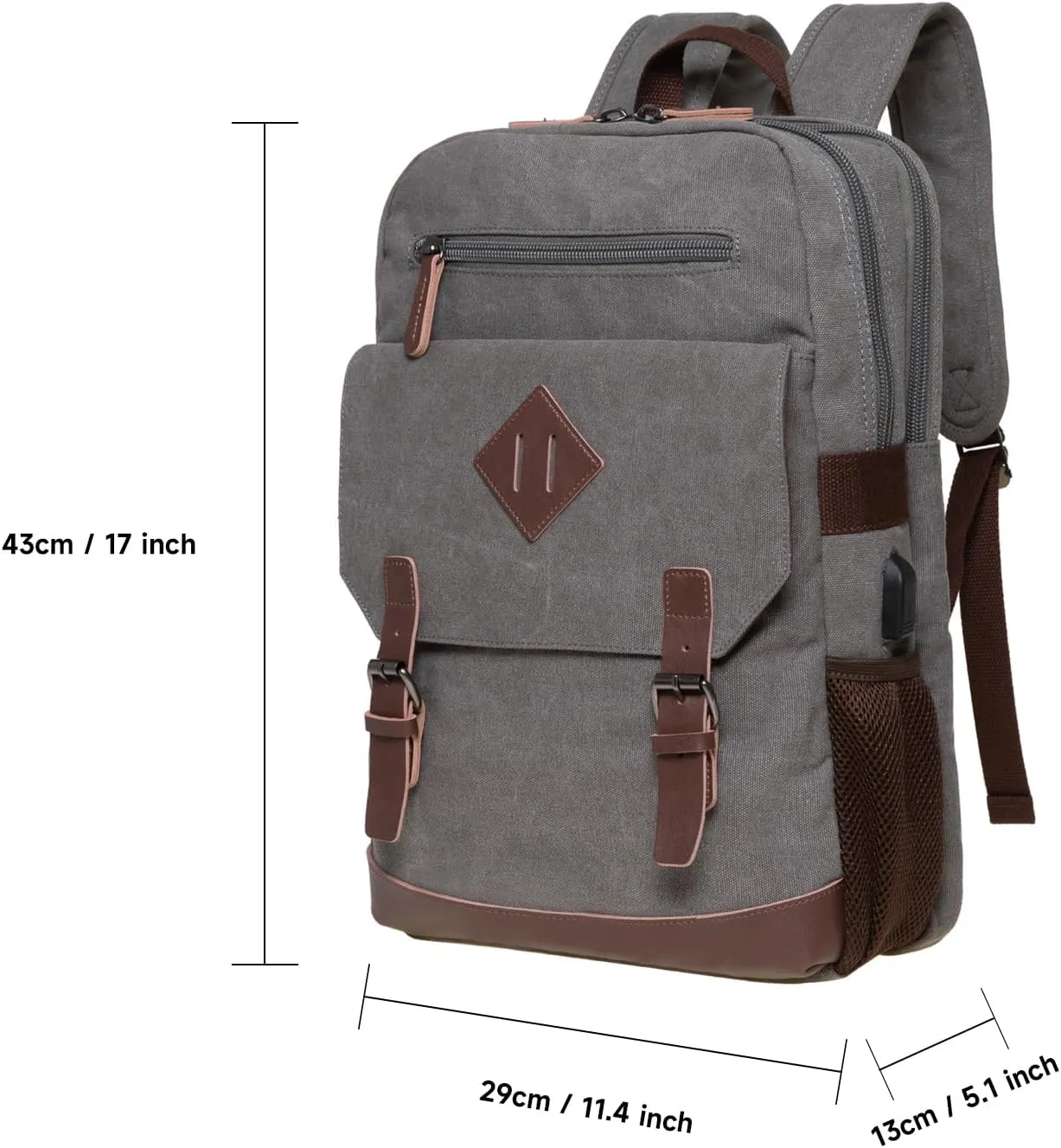 KAUKKO Vintage Canvas Backpack-Large Capacity, Multi-Functional Durable Outdoor Rucksack F19-GREY, 16.2L