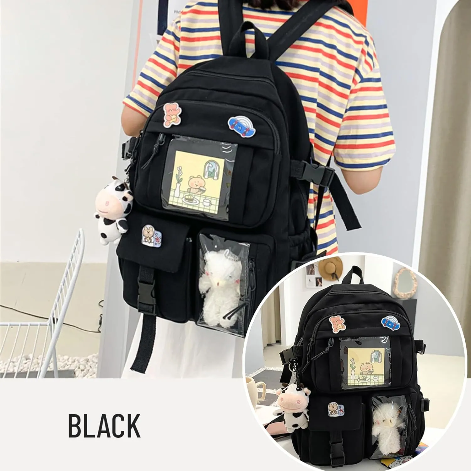 Kawaii Backpack with Cute Accessories Pin Pendant Travel Laptop Bag Large Outdoor Waterproof Casual Daypack Women (Black)