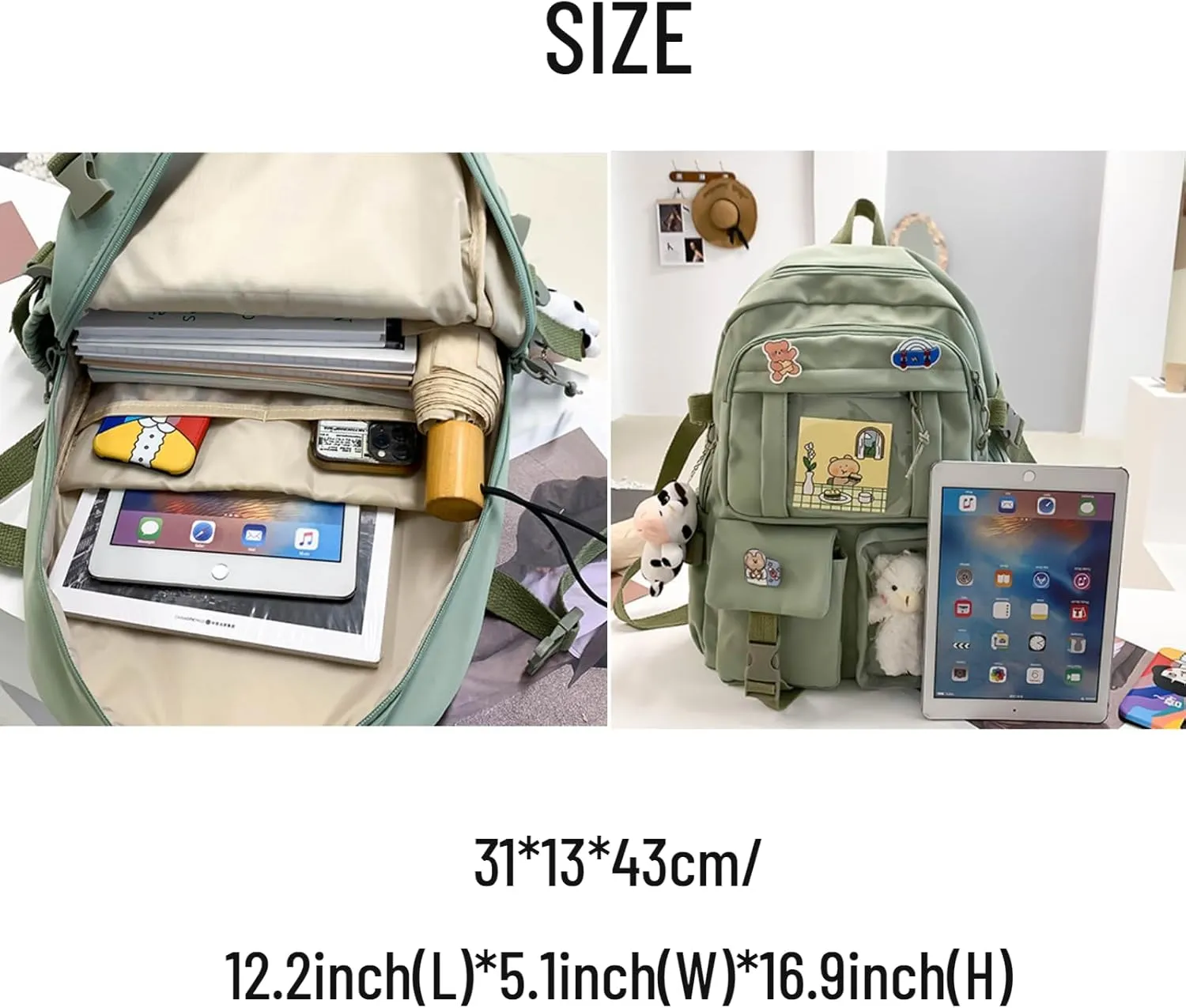 Kawaii Backpack with Cute Accessories Pin Pendant Travel Laptop Bag Large Outdoor Waterproof Casual Daypack Women (Black)
