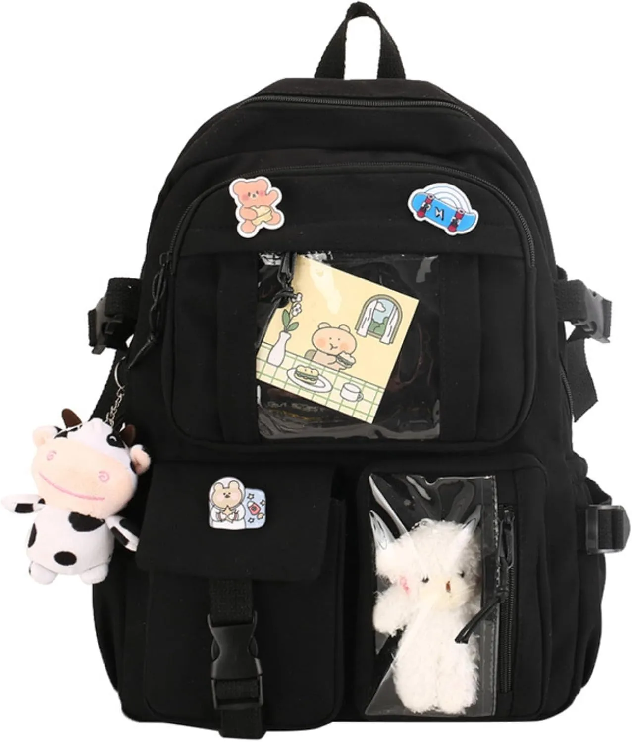 Kawaii Backpack with Cute Accessories Pin Pendant Travel Laptop Bag Large Outdoor Waterproof Casual Daypack Women (Black)