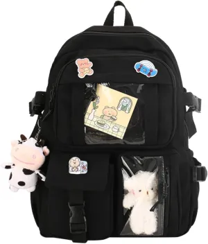 Kawaii Backpack with Cute Accessories Pin Pendant Travel Laptop Bag Large Outdoor Waterproof Casual Daypack Women (Black)