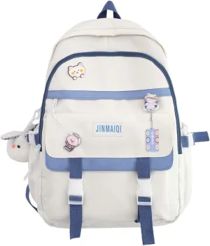 Kawaii Backpack with Cute Pin Accessories Plush Pendant Student Bag Large Capacity Waterproof Travel Backpack(White)